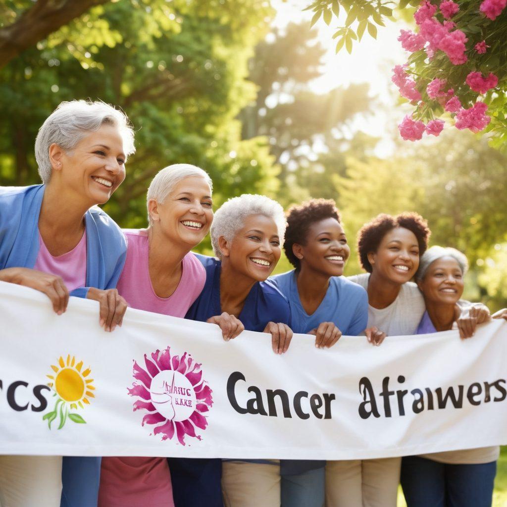 A diverse group of cancer survivors smiling and embracing one another in a sunlit park, surrounded by blooming flowers and trees. In the background, a hospital building with a banner that reads 'Cancer Awareness Month'. Include symbols of hope like a ribbon and a vibrant sun shining through the leaves. Focus on warmth, community, and support. super-realistic. vibrant colors. soft focus.