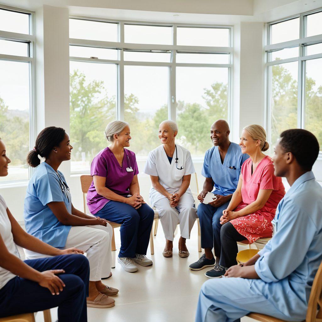 A hopeful scene depicting a diverse group of oncology patients, engaged in a journey from diagnosis to recovery. Include a doctor discussing treatment options with a patient in a bright, modern clinic, alongside imagery of supportive family members, healthy lifestyle activities like exercise and nutrition, and symbolic elements of hope such as blooming flowers or a sunrise. The atmosphere should evoke optimism and community support. super-realistic. vibrant colors. white background.