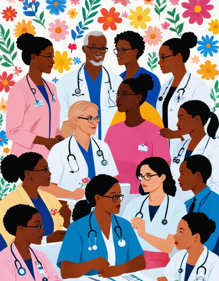 A diverse group of patients and healthcare professionals engaged in a supportive discussion about cancer awareness, surrounded by symbols of hope such as ribbons and blooming flowers. The atmosphere is warm and inviting, with elements representing modern treatment options like lab equipment and wellness tools. Bright colors evoke a sense of optimism and empowerment. super-realistic. vibrant colors. white background.